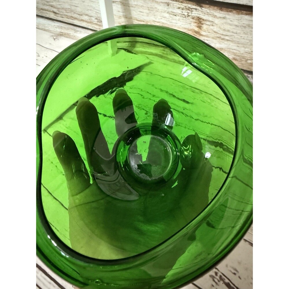 Mid Century Hunter Green Glass Bowl Waved Edge 5” X 3” Tall Vintage MCM Art - Picture 10 of 12